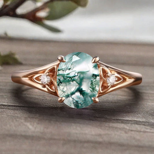 Oval Cut Moss Agate Engagement Ring Vintage Unique Rose Gold Green Agate Wedding Ring Handmade Bridal Promise Ring Anniversary Gift Ring