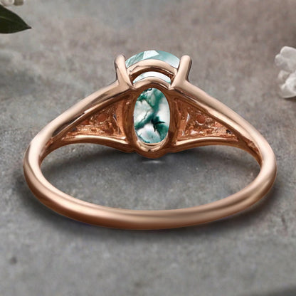 Oval Cut Moss Agate Engagement Ring Vintage Unique Rose Gold Green Agate Wedding Ring Handmade Bridal Promise Ring Anniversary Gift Ring