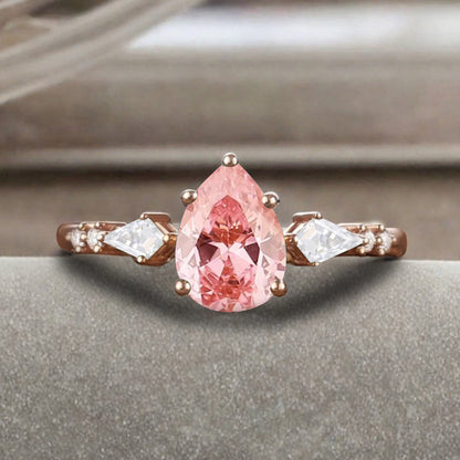 Vintage Pear Cut Pink Sapphire Engagement Rings Kite Moissanite Statement Ring Gift For Her