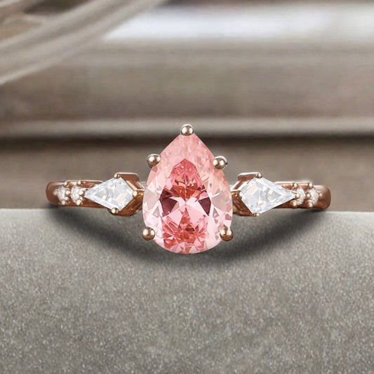 Vintage Pear Cut Pink Sapphire Engagement Rings Kite Moissanite Statement Ring Gift For Her