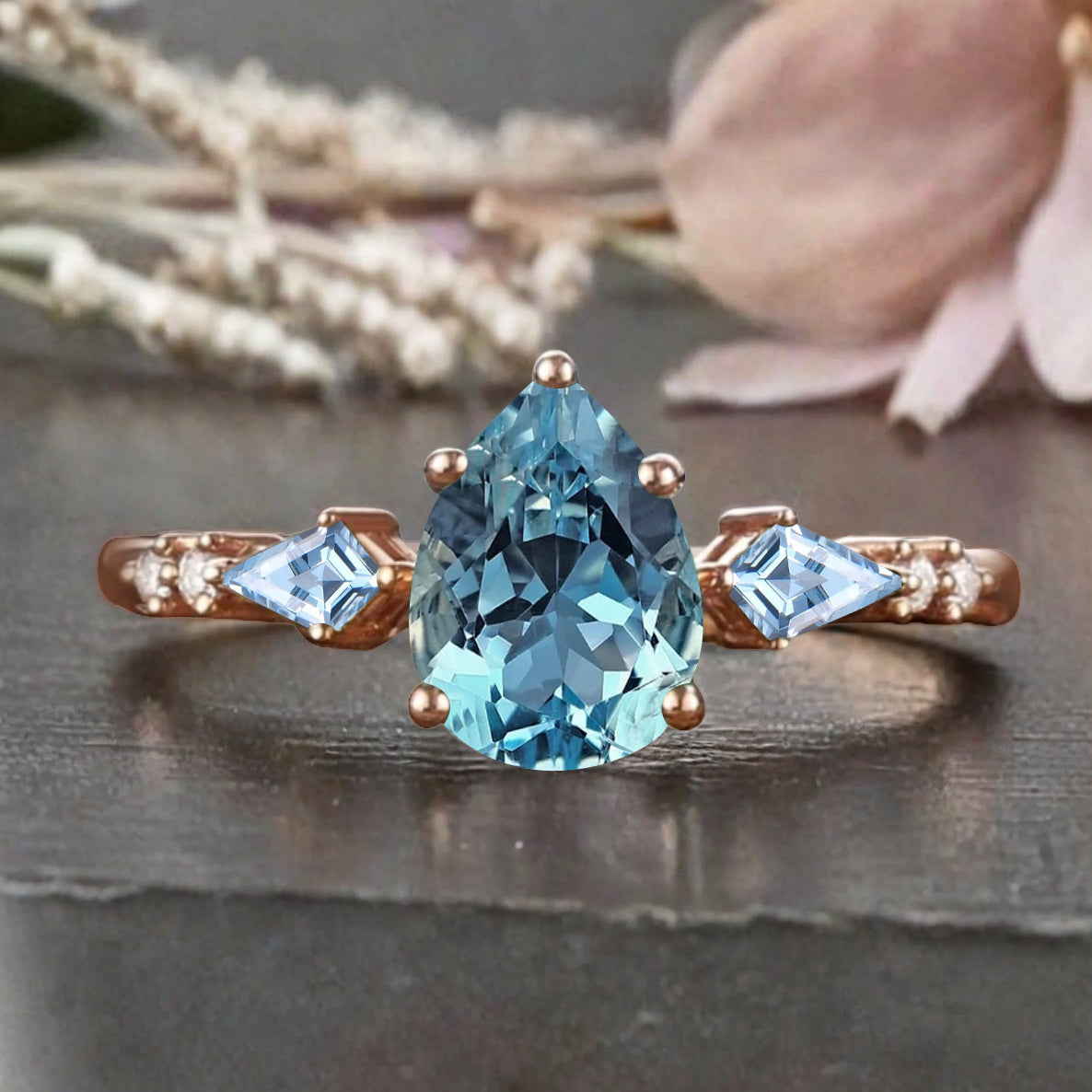 Vintage Pear Cut Aquamarine Engagement Rings Kite Aquamarine Statement Ring Gift For Her