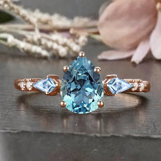 Vintage Pear Cut Aquamarine Engagement Rings Kite Aquamarine Statement Ring Gift For Her