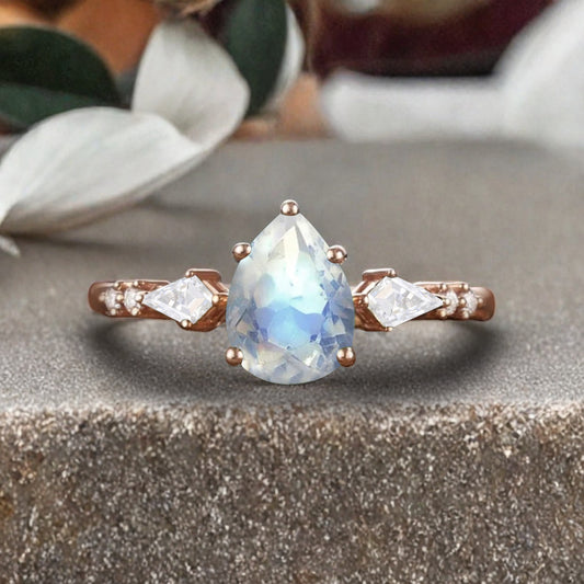 Vintage Pear Cut Moonstone Engagement Rings Kite Moissanite Statement Ring Gift For Her