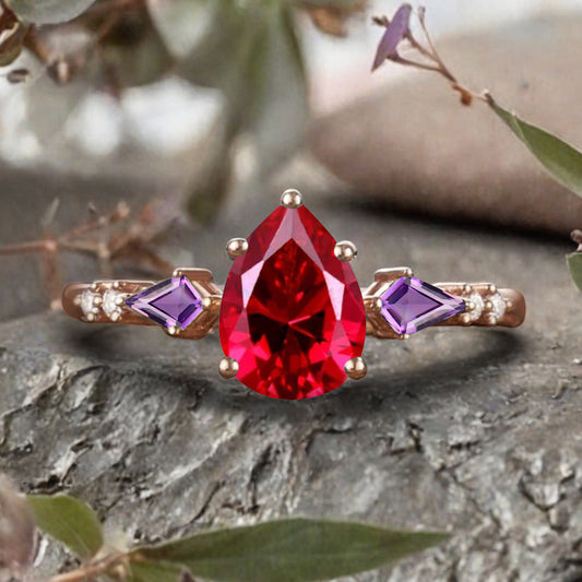 Vintage Pear Cut Ruby Engagement Rings Kite Amethyst Statement Ring Gift For Her