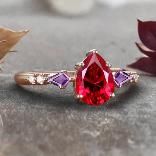 Vintage Pear Cut Ruby Engagement Rings Kite Amethyst Statement Ring Gift For Her