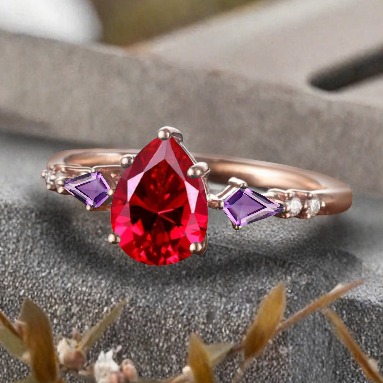 Vintage Pear Cut Ruby Engagement Rings Kite Amethyst Statement Ring Gift For Her