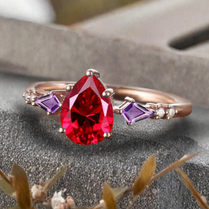 Vintage Pear Cut Ruby Engagement Rings Kite Amethyst Statement Ring Gift For Her
