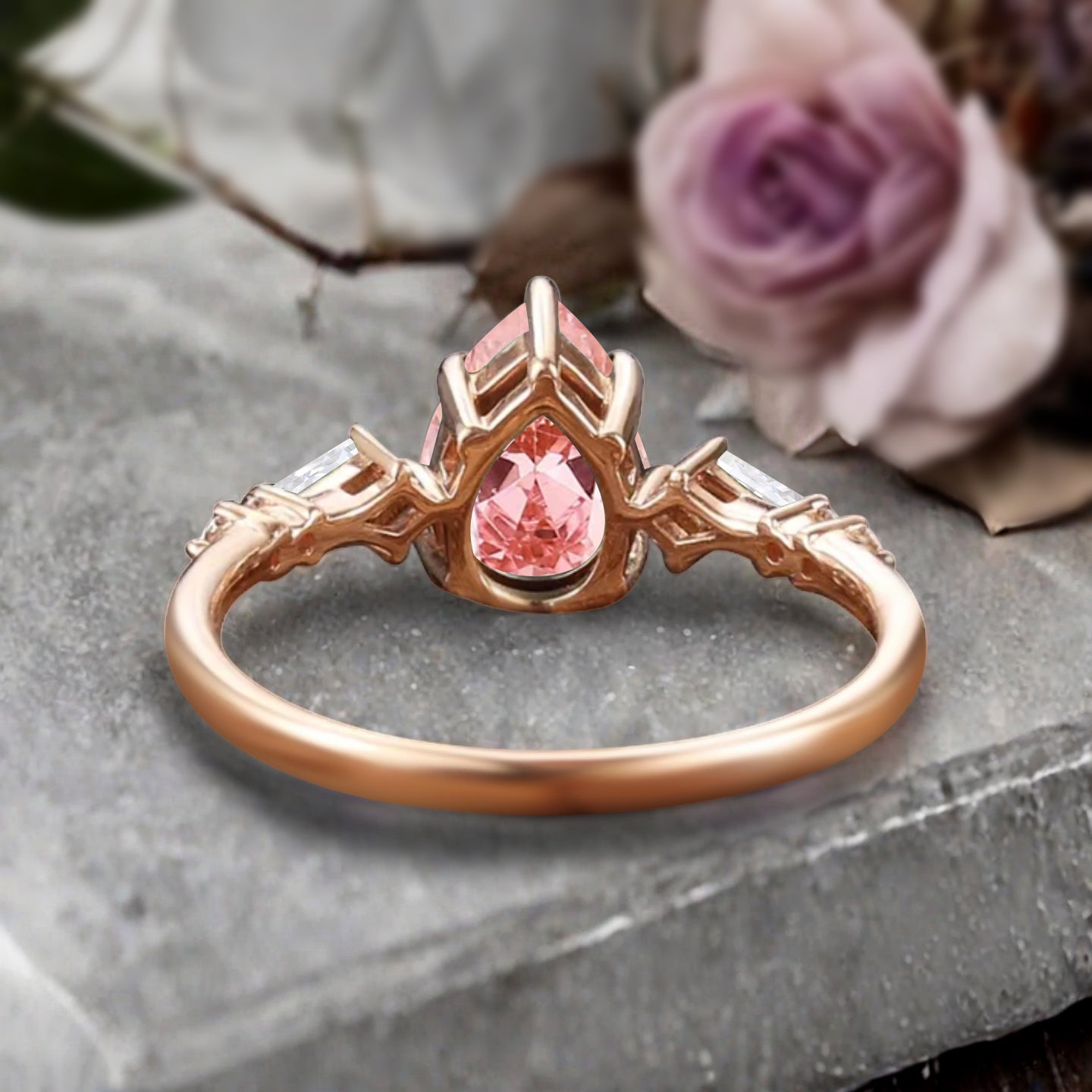 Vintage Pear Cut Pink Sapphire Engagement Rings Kite Moissanite Statement Ring Gift For Her