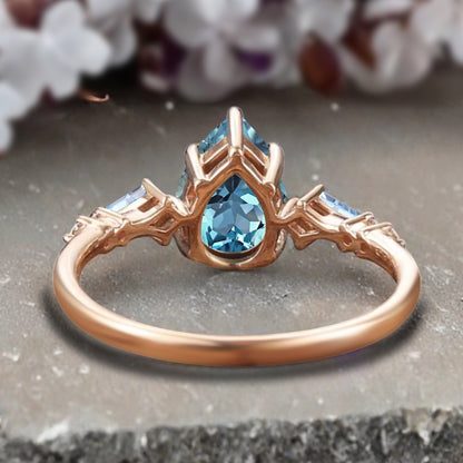Vintage Pear Cut Aquamarine Engagement Rings Kite Aquamarine Statement Ring Gift For Her