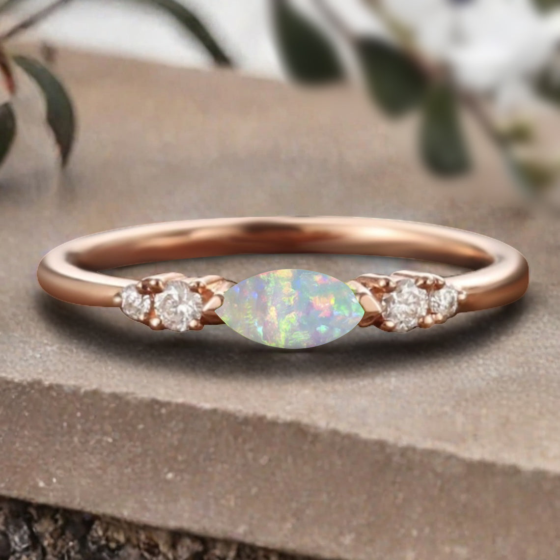 Marquise cut Opal wedding band Unique 10k Rose gold wedding band Anniversary promise band