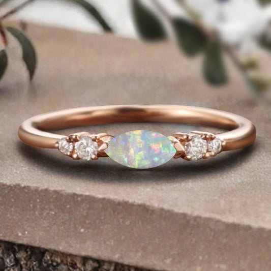 Marquise cut Opal wedding band Unique 10k Rose gold wedding band Anniversary promise band