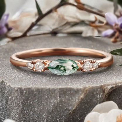 Marquise cut Moss Agate wedding band Unique 10k Rose gold wedding band Anniversary promise band