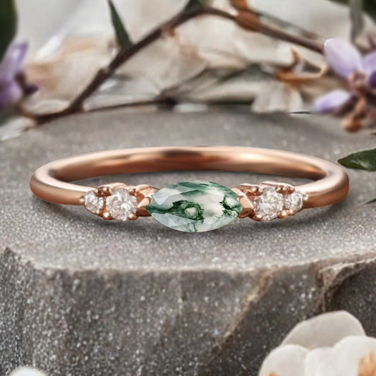 Marquise cut Moss Agate wedding band Unique 10k Rose gold wedding band Anniversary promise band