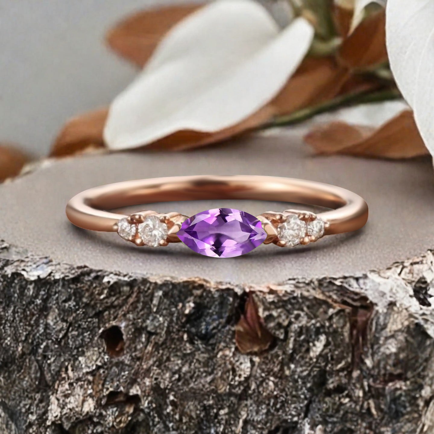 Marquise cut Amethyst wedding band Unique 10k Rose gold wedding band Anniversary promise band
