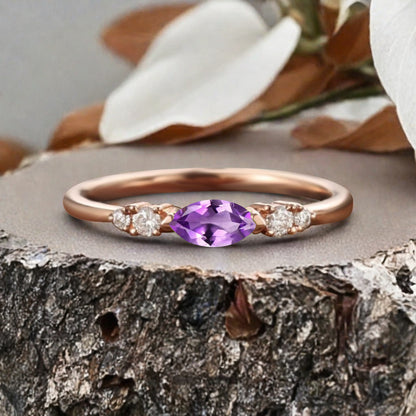 Marquise cut Amethyst wedding band Unique 10k Rose gold wedding band Anniversary promise band