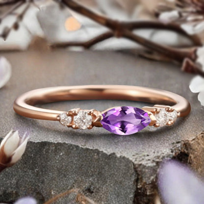 Marquise cut Amethyst wedding band Unique 10k Rose gold wedding band Anniversary promise band