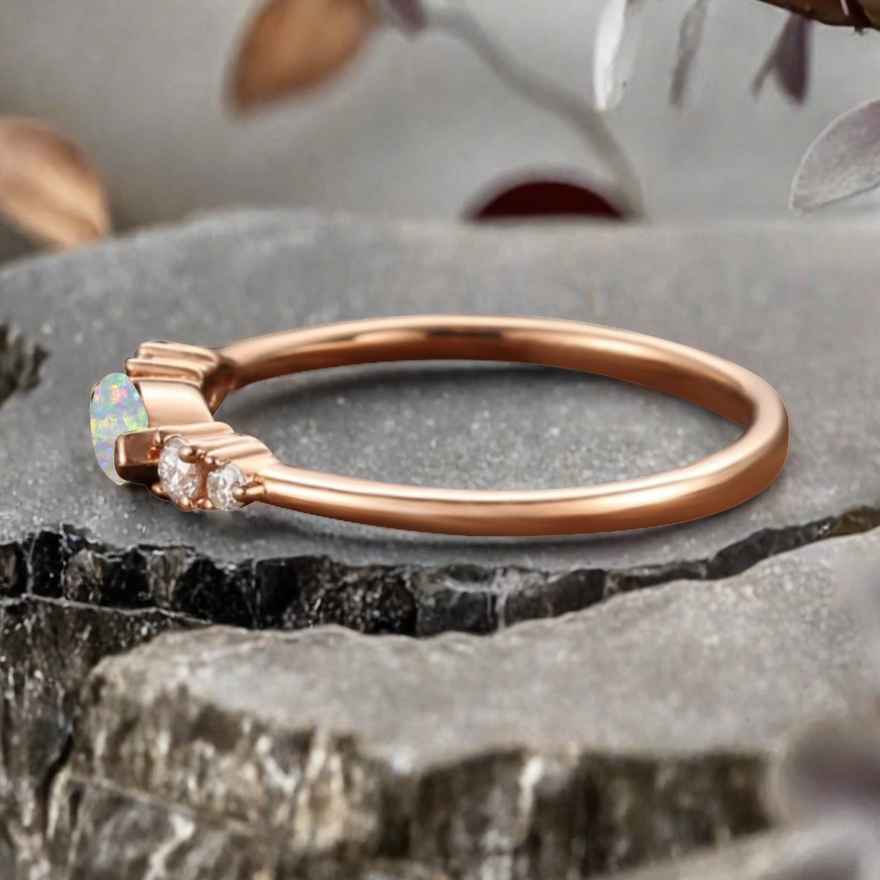 Marquise cut Opal wedding band Unique 10k Rose gold wedding band Anniversary promise band