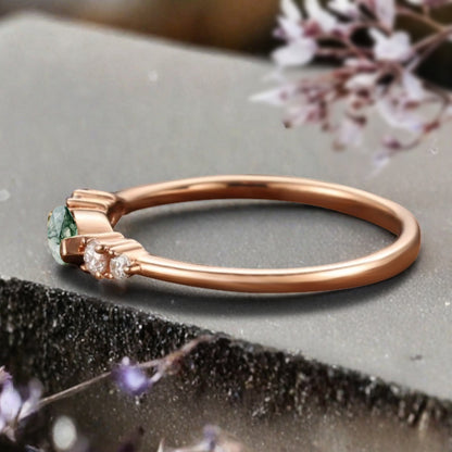 Marquise cut Moss Agate wedding band Unique 10k Rose gold wedding band Anniversary promise band