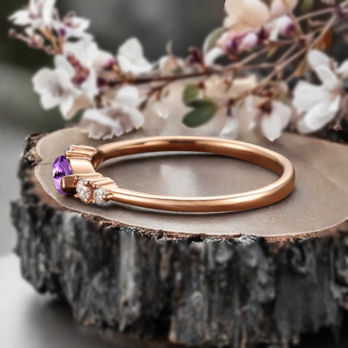 Marquise cut Amethyst wedding band Unique 10k Rose gold wedding band Anniversary promise band
