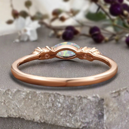 Marquise cut Opal wedding band Unique 10k Rose gold wedding band Anniversary promise band