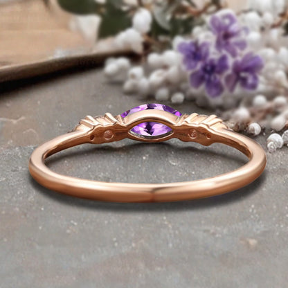 Marquise cut Amethyst wedding band Unique 10k Rose gold wedding band Anniversary promise band
