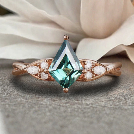 Vintage Kite cut Blue-Green Sapphire Engagement ring Rose Gold moissanite marriage ring Bridal 3/4 eternity Twisted Flower ring anniversary ring