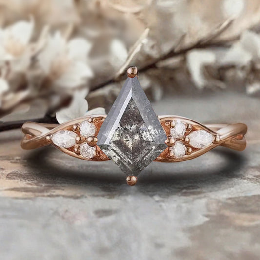 Vintage Kite cut Herkimer Diamond Engagement ring Rose Gold moissanite marriage ring Bridal 3/4 eternity Twisted Flower ring anniversary ring