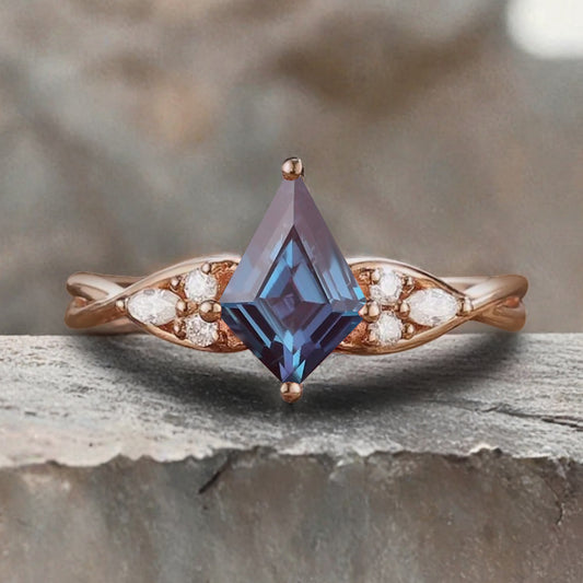 Vintage Kite cut Alexandrite Engagement ring Rose Gold moissanite marriage ring Bridal 3/4 eternity Twisted Flower ring anniversary ring