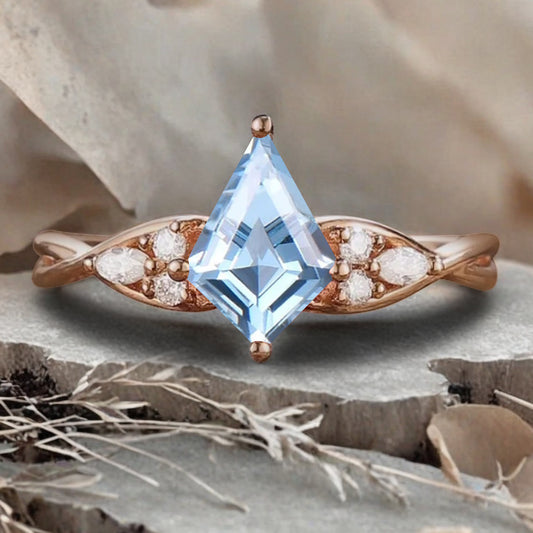 Vintage Kite cut Aquamarine Engagement ring Rose Gold moissanite marriage ring Bridal 3/4 eternity Twisted Flower ring anniversary ring