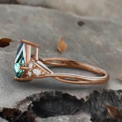 Vintage Kite cut Blue-Green Sapphire Engagement ring Rose Gold moissanite marriage ring Bridal 3/4 eternity Twisted Flower ring anniversary ring