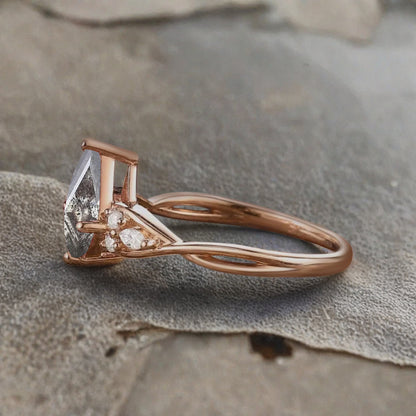 Vintage Kite cut Herkimer Diamond Engagement ring Rose Gold moissanite marriage ring Bridal 3/4 eternity Twisted Flower ring anniversary ring