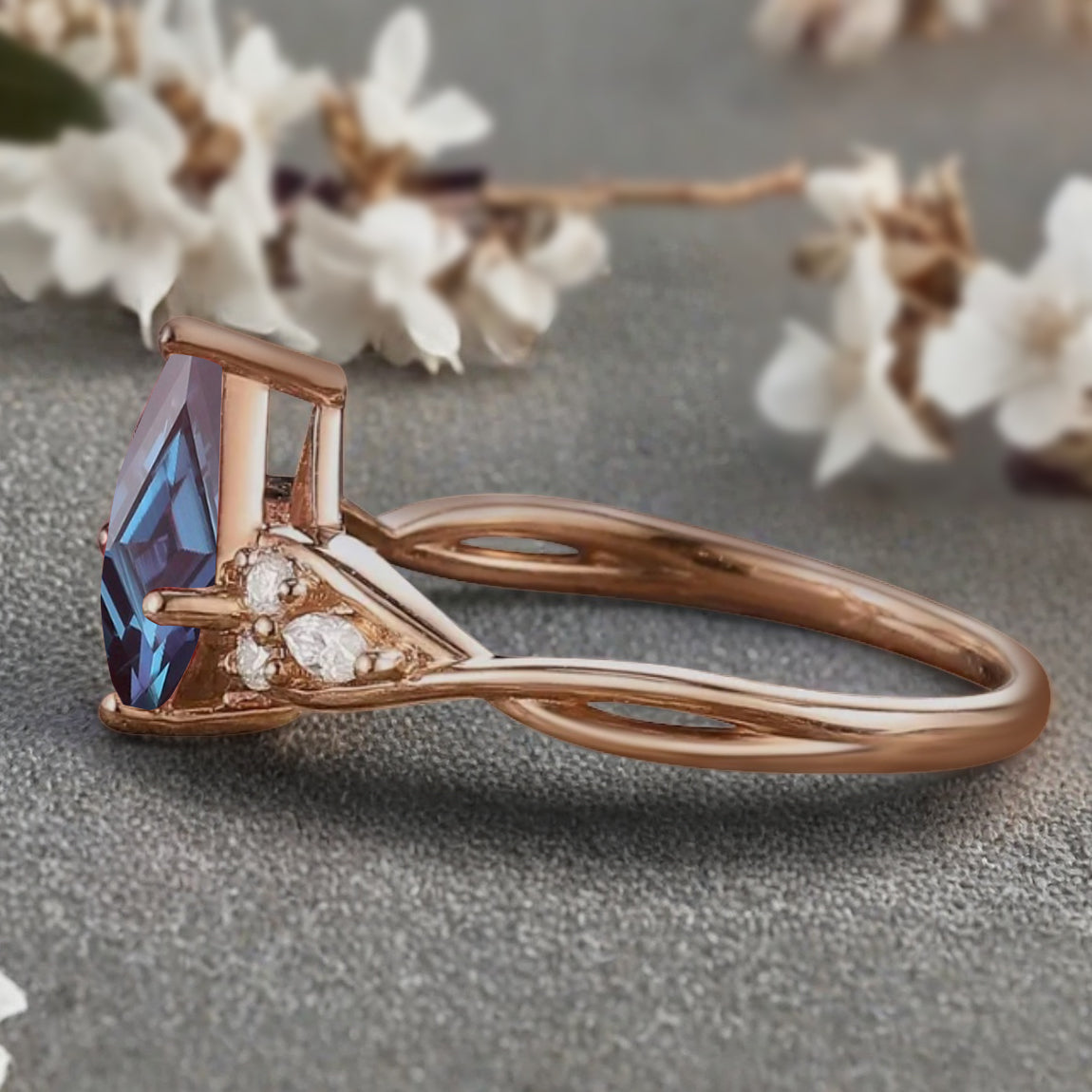 Vintage Kite cut Alexandrite Engagement ring Rose Gold moissanite marriage ring Bridal 3/4 eternity Twisted Flower ring anniversary ring