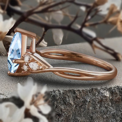 Vintage Kite cut Aquamarine Engagement ring Rose Gold moissanite marriage ring Bridal 3/4 eternity Twisted Flower ring anniversary ring