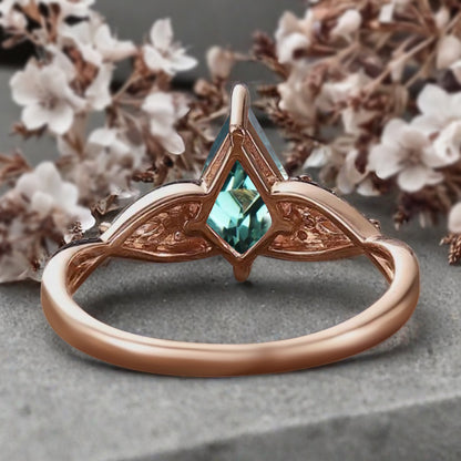 Vintage Kite cut Blue-Green Sapphire Engagement ring Rose Gold moissanite marriage ring Bridal 3/4 eternity Twisted Flower ring anniversary ring