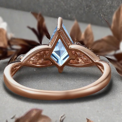 Vintage Kite cut Aquamarine Engagement ring Rose Gold moissanite marriage ring Bridal 3/4 eternity Twisted Flower ring anniversary ring