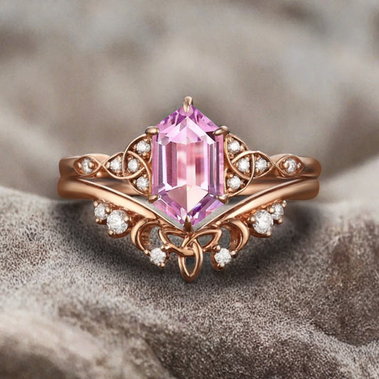 Unique Hexagon Pink Sapphire Ring Art Deco Wedding Ring Set Vintage Pink Agate Engagement Anniversary Ring