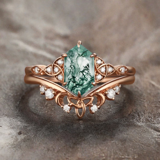 Unique Hexagon Moss Agate Ring Art Deco Wedding Ring Set Vintage Green Agate Engagement Anniversary Ring