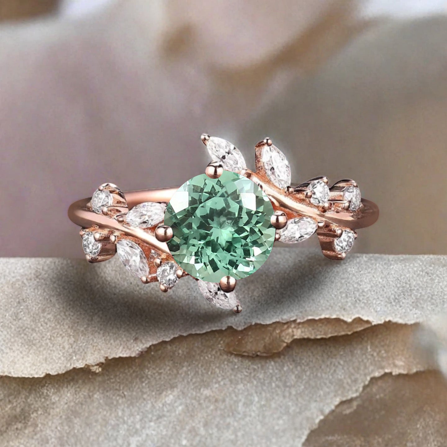 Art Deco Nature Tsavorite Engagement Ring Vintage Round Cut Tsavorite Cluster Promise Ring Green Gemstone Bridal Leaf Ring Custom Jewelry