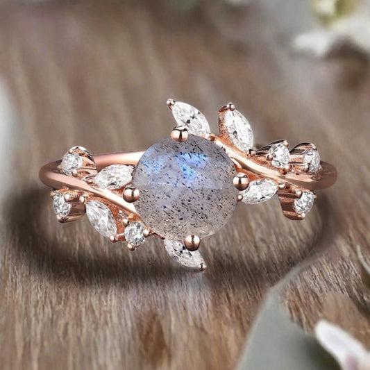 Bague de fiançailles vintage ovale en pierre de lune, bague de promesse unique en opale et moissanite
