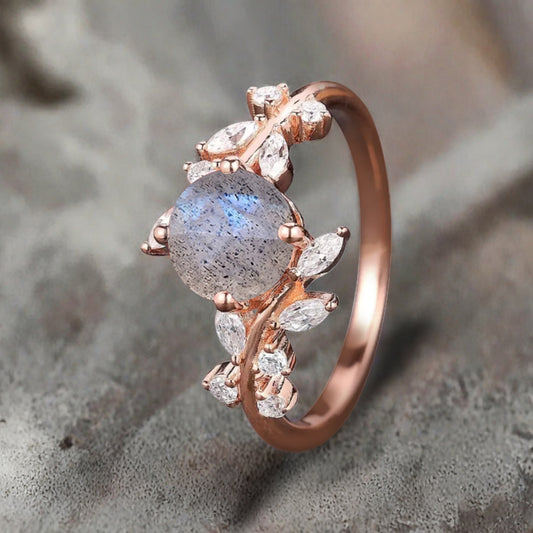 Bague de fiançailles vintage ovale en pierre de lune, bague de promesse unique en opale et moissanite