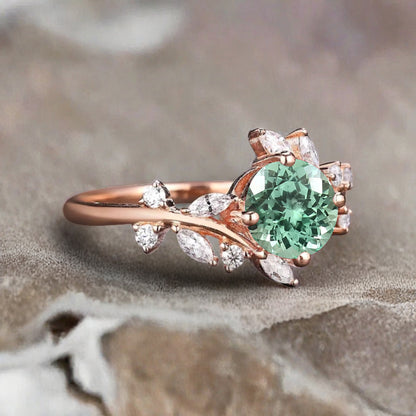 Art Deco Nature Tsavorite Engagement Ring Vintage Round Cut Tsavorite Cluster Promise Ring Green Gemstone Bridal Leaf Ring Custom Jewelry