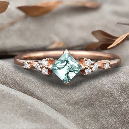 Princess cut moss agate ring 925 sterling silver ring 4 prong stones Simulated Moissanite anniversary gift