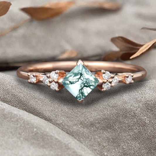Princess cut moss agate ring 925 sterling silver ring 4 prong stones Simulated Moissanite anniversary gift