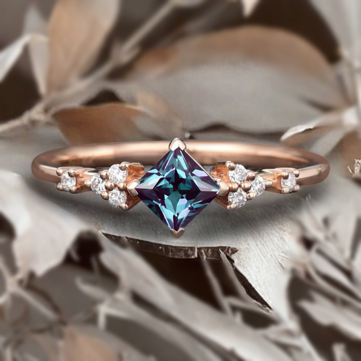 Princess cut Alexandrite ring 925 sterling silver ring 4 prong stones Simulated Moissanite anniversary gift