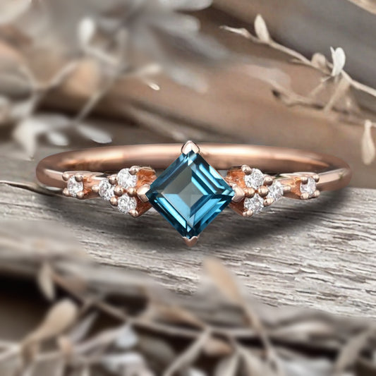 Princess cut Aquamarine ring 925 sterling silver ring 4 prong stones Simulated Moissanite anniversary gift