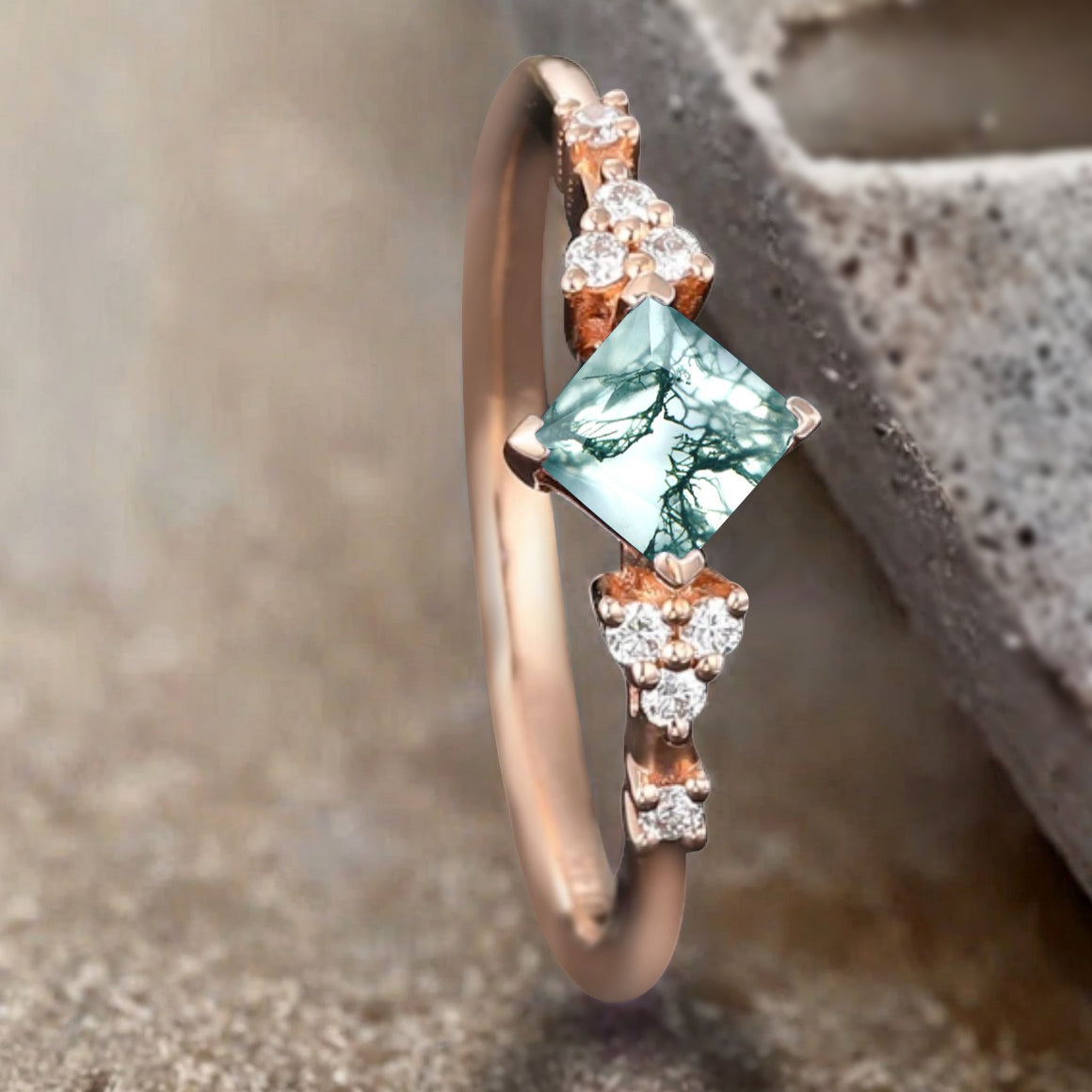 Princess cut moss agate ring 925 sterling silver ring 4 prong stones Simulated Moissanite anniversary gift
