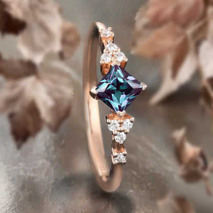 Princess cut Alexandrite ring 925 sterling silver ring 4 prong stones Simulated Moissanite anniversary gift