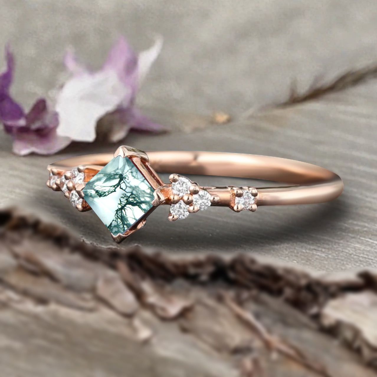 Princess cut moss agate ring 925 sterling silver ring 4 prong stones Simulated Moissanite anniversary gift