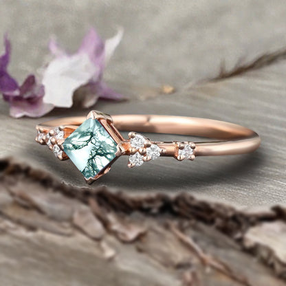 Princess cut moss agate ring 925 sterling silver ring 4 prong stones Simulated Moissanite anniversary gift
