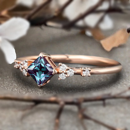 Princess cut Alexandrite ring 925 sterling silver ring 4 prong stones Simulated Moissanite anniversary gift